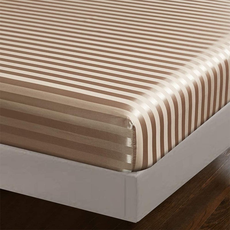 AiMay 6 Piece Satin Italian Style Bed Sheet Set Deep Pocket Striped 1800 Luxury Rich Silk 1 Flat Sheet 1 Fitted Sheet 4 Envelope Pillowcases Stain-Resistant Wrinkle Free (King,Taupe) - Image 4